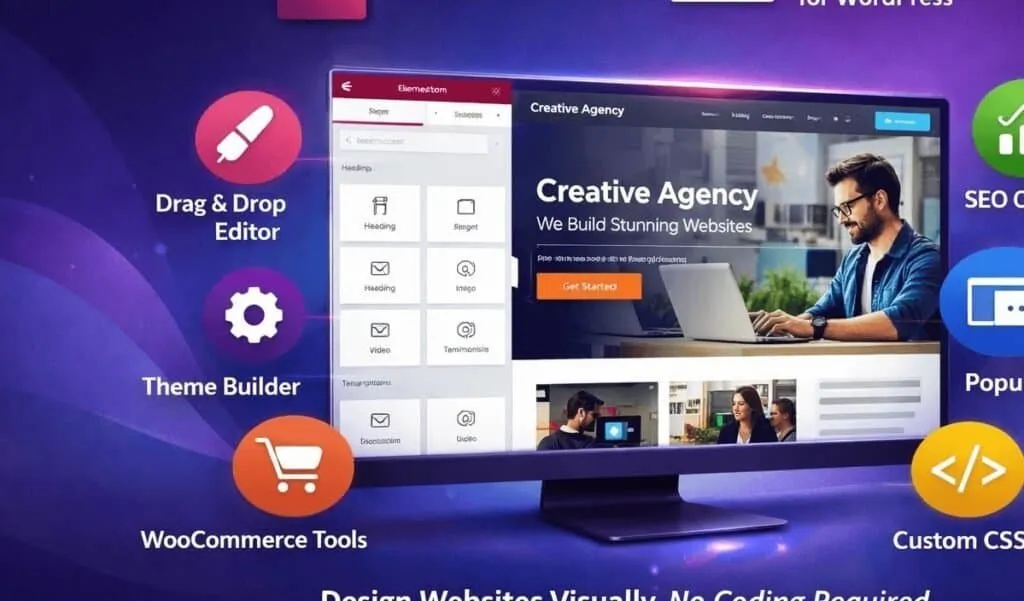 Elementor Pro WordPress website builder with drag and drop editor, theme builder, and WooCommerce tools.