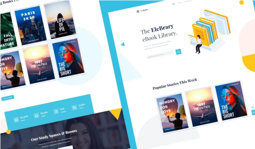 EleBrary ebook library website design featuring book covers and study space rooms.