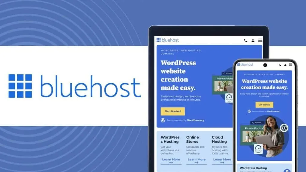 Bluehost WordPress website creation on tablet and phone.