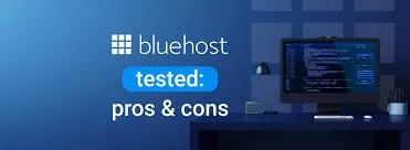 Bluehost review graphic with "tested: pros & cons" text overlay on a computer screen image.