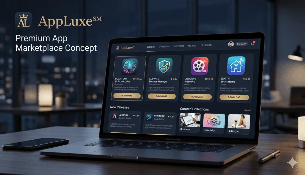 AppLuxe Premium App Marketplace Concept on a laptop display showing app listings and curated collections. AppLuxe Premium App Marketplace Concept on a laptop display showing app listings and curated collections.