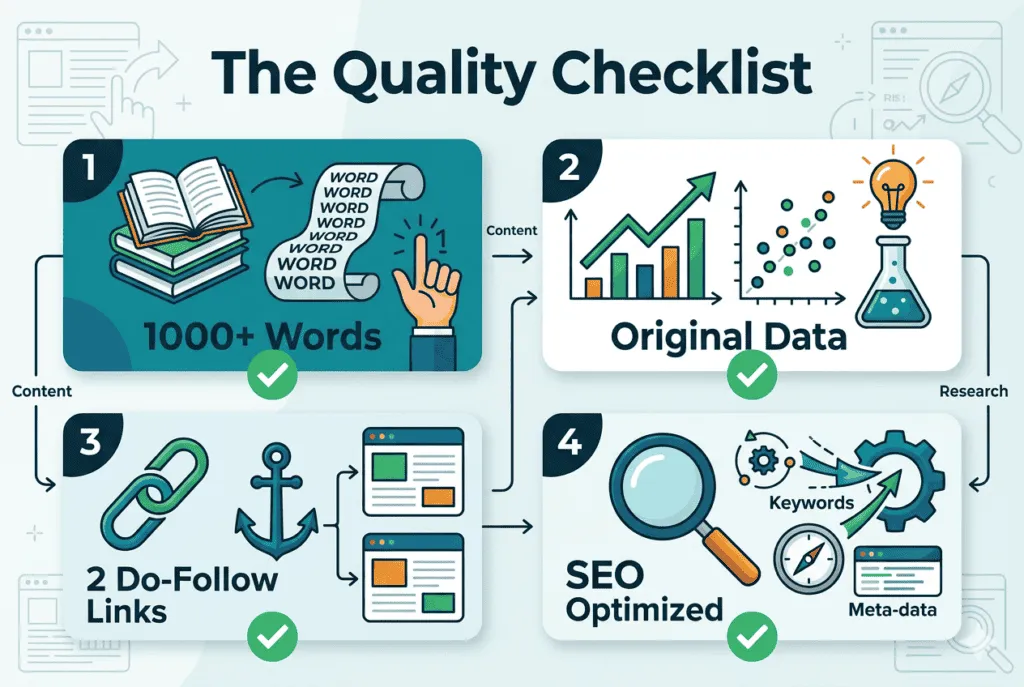 Quality checklist graphic: 1000+ words, original data, do-follow links, SEO optimized.