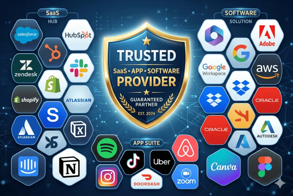SaaS, app, and software provider logos: Salesforce, HubSpot, Adobe, Google Workspace, Shopify, and more.