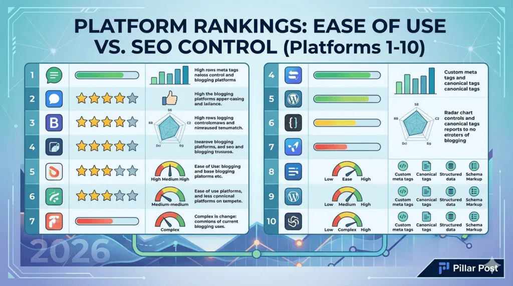Platform rankings: Ease of use vs. SEO control for blogging in 2026. Platform rankings: Ease of use vs. SEO control for blogging in 2026.