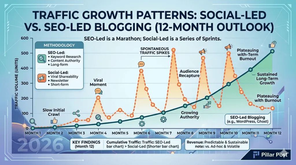 Social-led vs SEO-led blogging traffic growth patterns over 12 months. SEO is a marathon; social is sprints. Social-led vs SEO-led blogging traffic growth patterns over 12 months. SEO is a marathon; social is sprints.