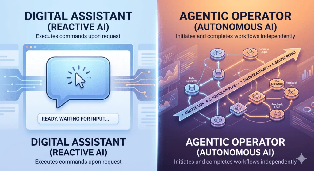 Reactive AI vs. Autonomous AI: Digital Assistant & Agentic Operator comparison.