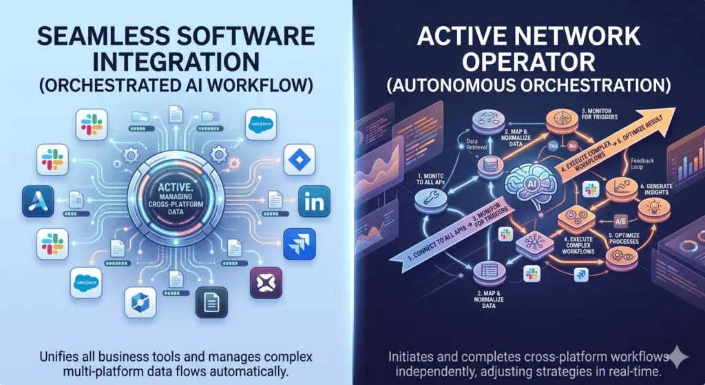 Seamless software integration and active network operator with AI workflow orchestration.