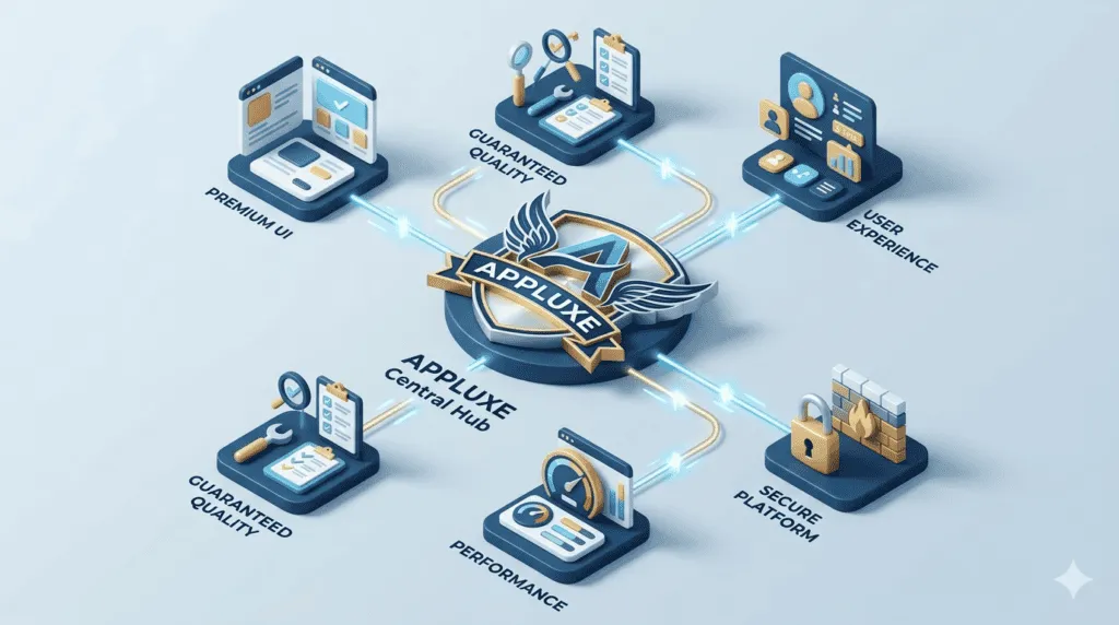 Isometric digital diagram illustrating how the Appluxe hub connects diverse apps to boost search authority.