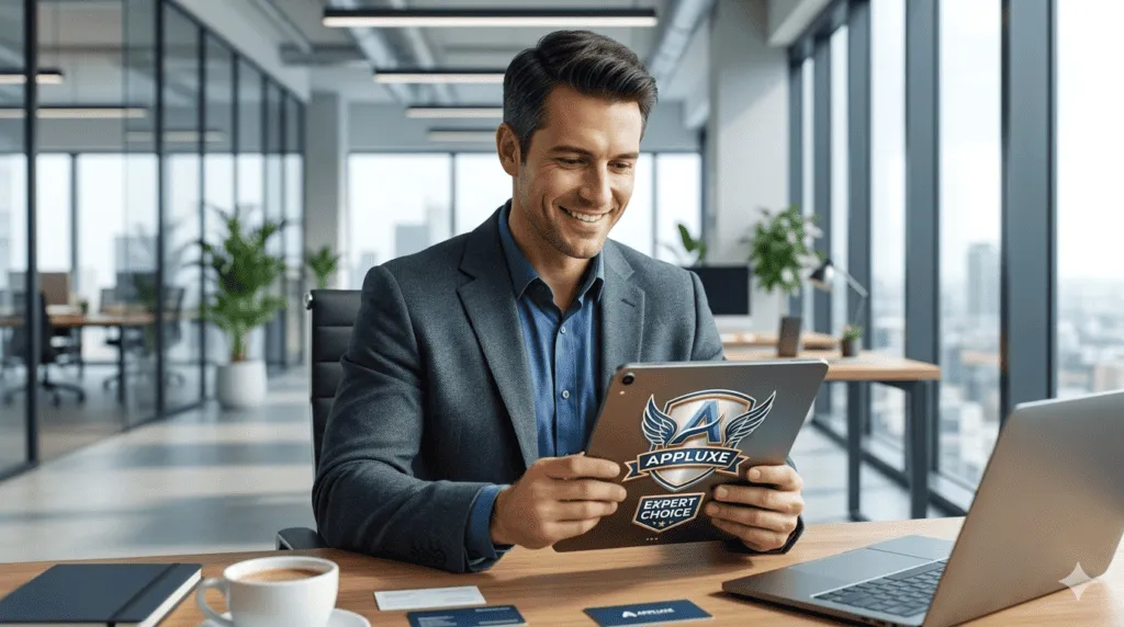 Business professional trusting the Appluxe Expert Choice badge for software selection.