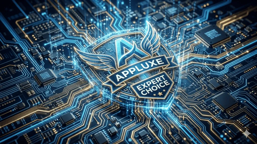 Futuristic digital art representing the integration of AI into the Appluxe app review structure.