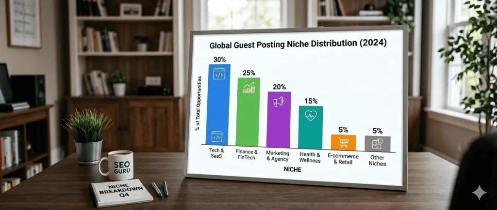 Guest posting niche distribution 2024: Tech/SaaS, Finance, Marketing, Health, E-commerce, Other.