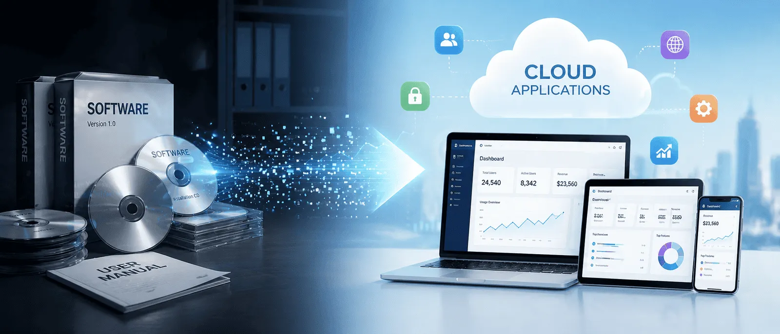 Cloud applications on devices, software boxes, and CDs with digital data transfer