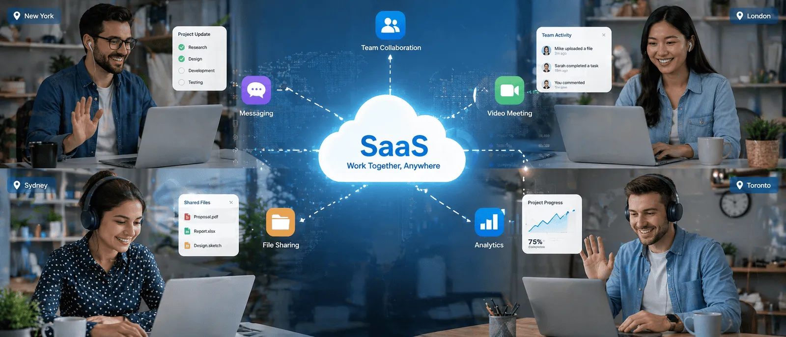 SaaS cloud diagram showing team collaboration, messaging, video, and analytics for remote work.