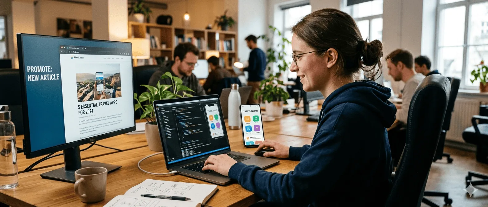 Team of developers working on travel app and website design.