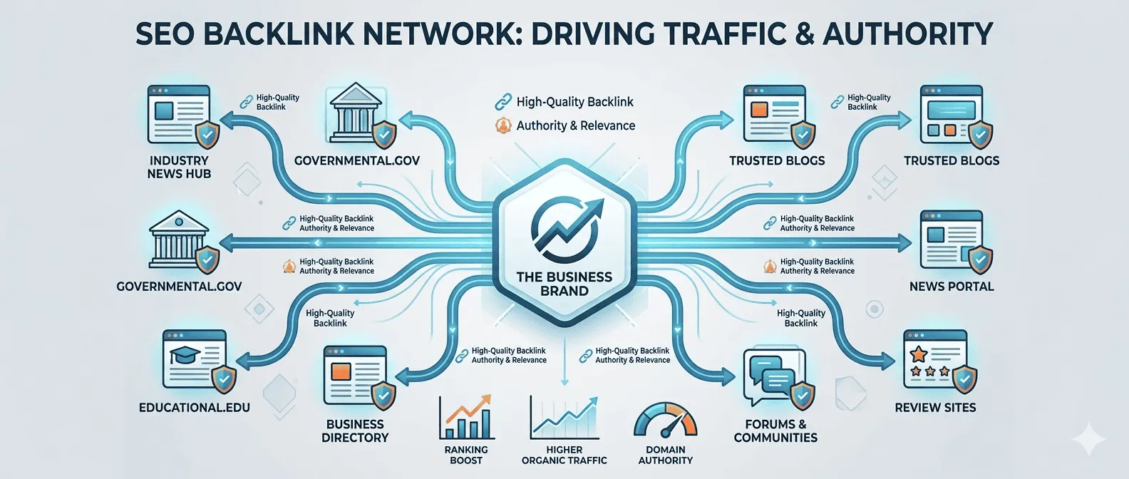 SEO backlink network diagram showing traffic and authority drivers like .gov, .edu, and trusted blogs.