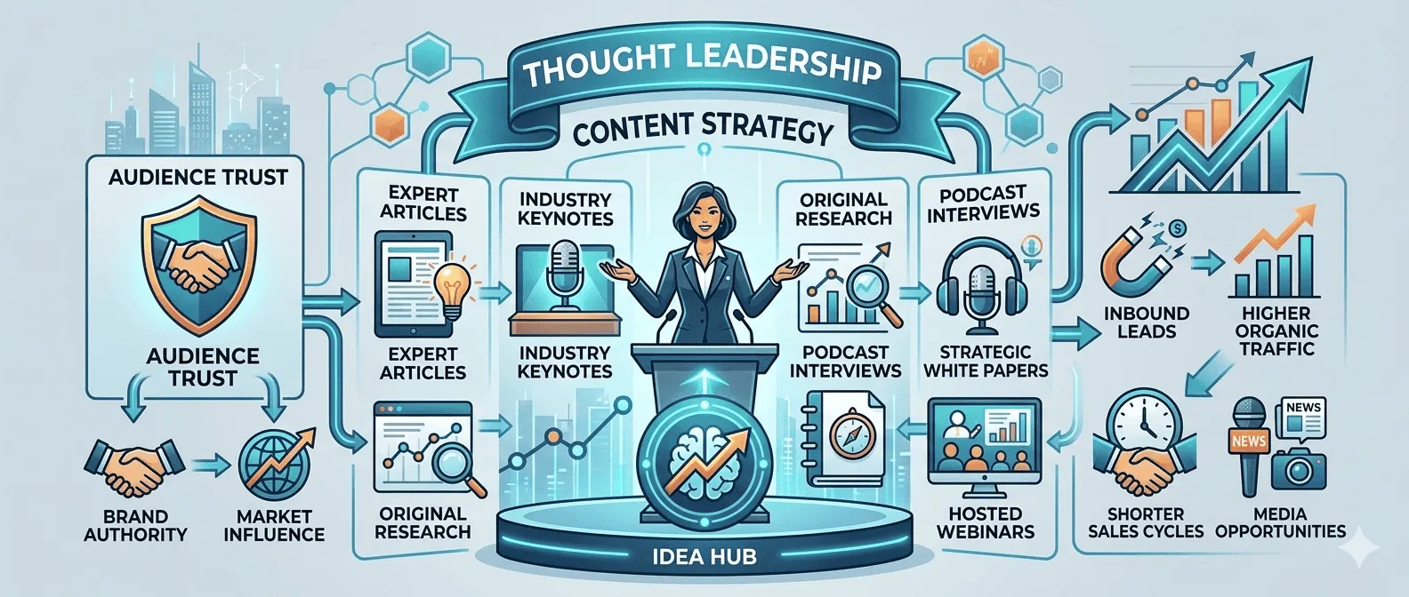 Thought leadership content strategy infographic explaining audience trust, market influence, and lead generation.