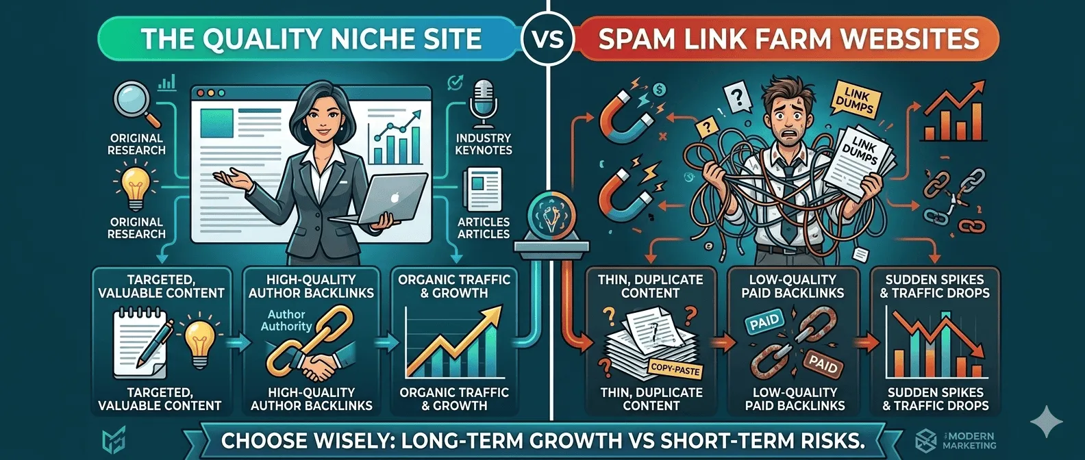 Quality niche site vs. spam link farm websites: long-term growth vs. short-term risks.