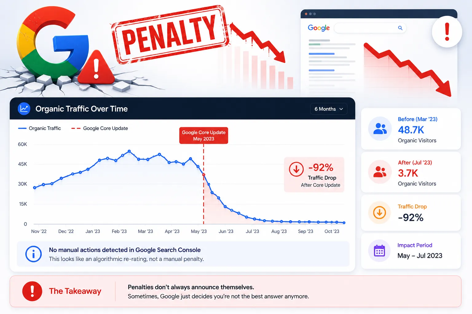 Search Console Graph Showing Organic Clicks Falling To Zero